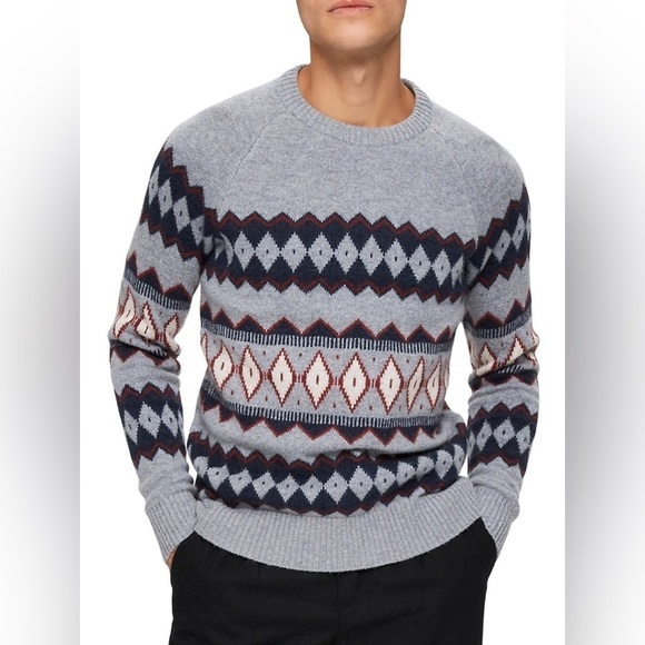 2/49$ Men’s SELECTED Fair Isle Raglan-Sleeve wool blend grey Sweater Sz‎ Large - Picture 1 of 13